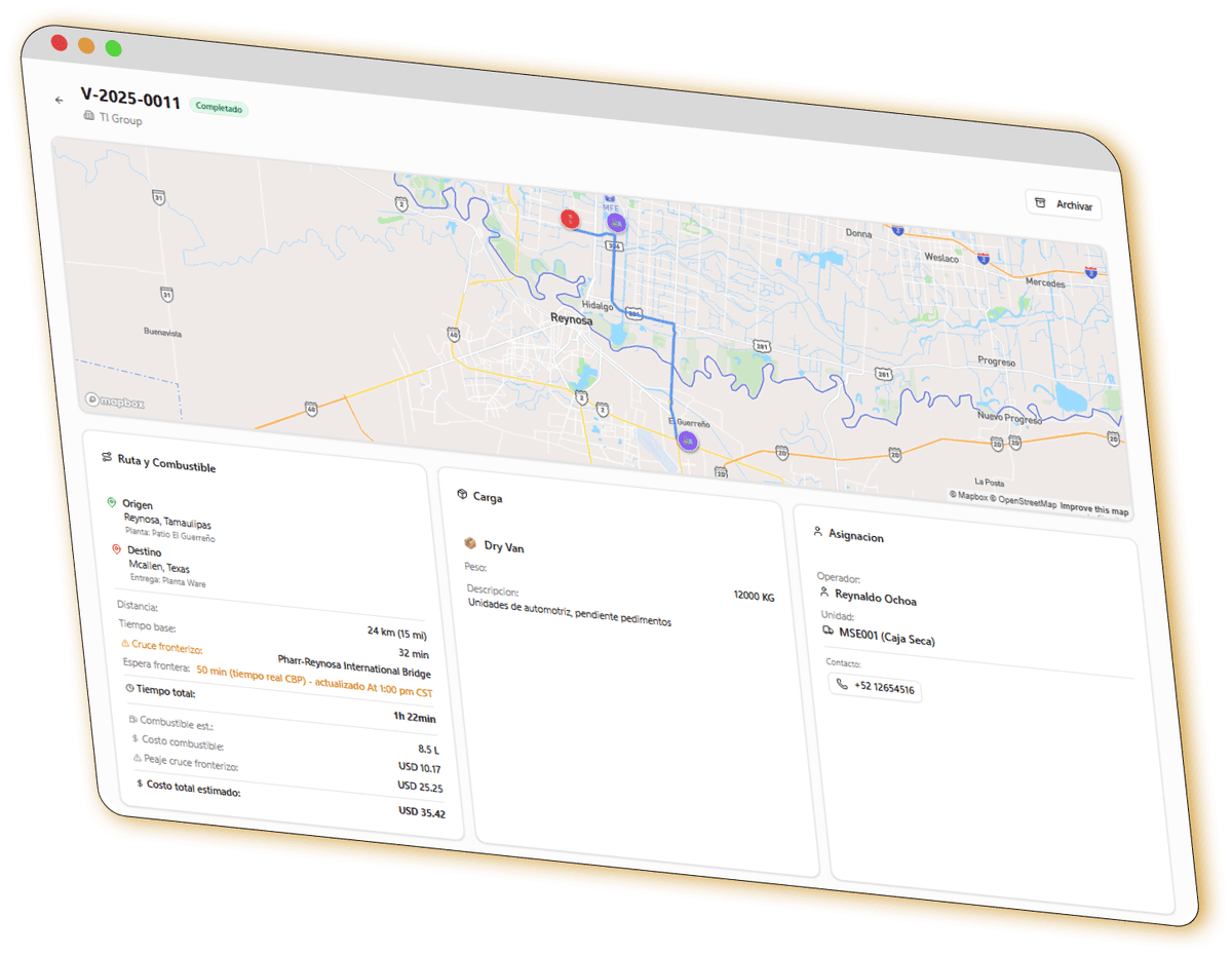 Panel de viaje individual mostrando mapa con ruta, detalles del viaje y estado de la carga en tiempo real