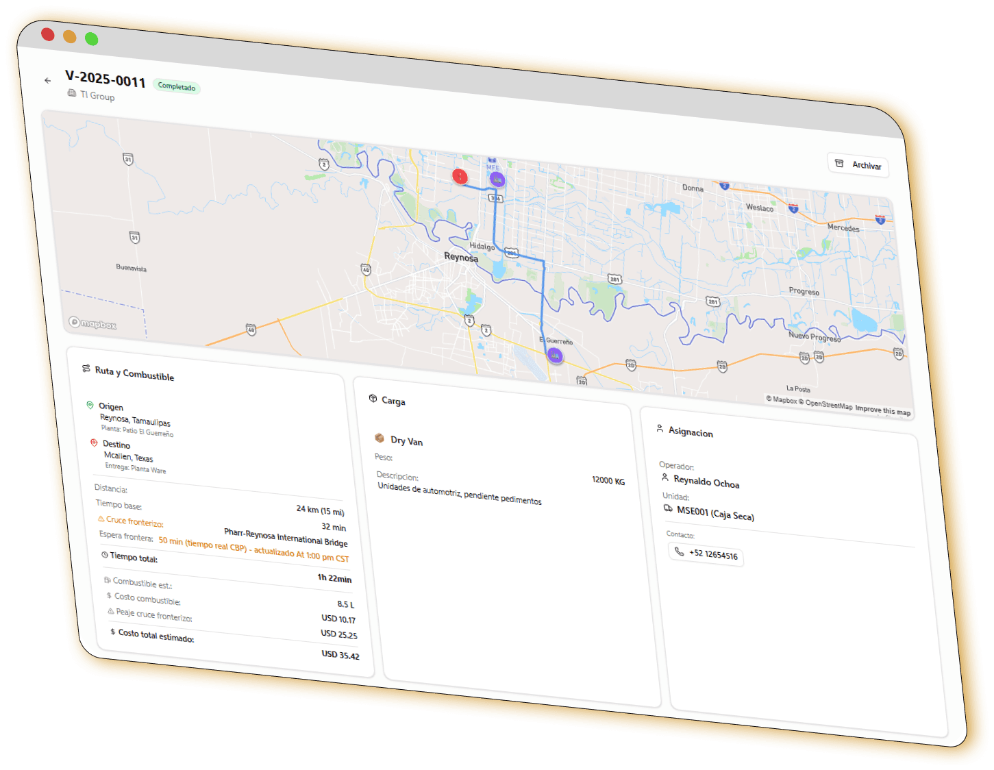 Panel de Fleteo mostrando viaje individual con mapa GPS, timeline y detalles