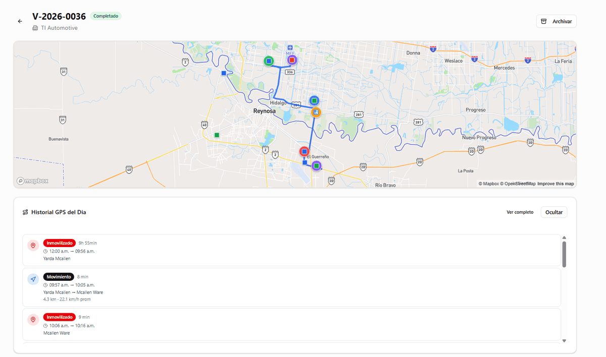 Pagina de viaje individual con link compartible para que clientes vean la ubicacion de su carga