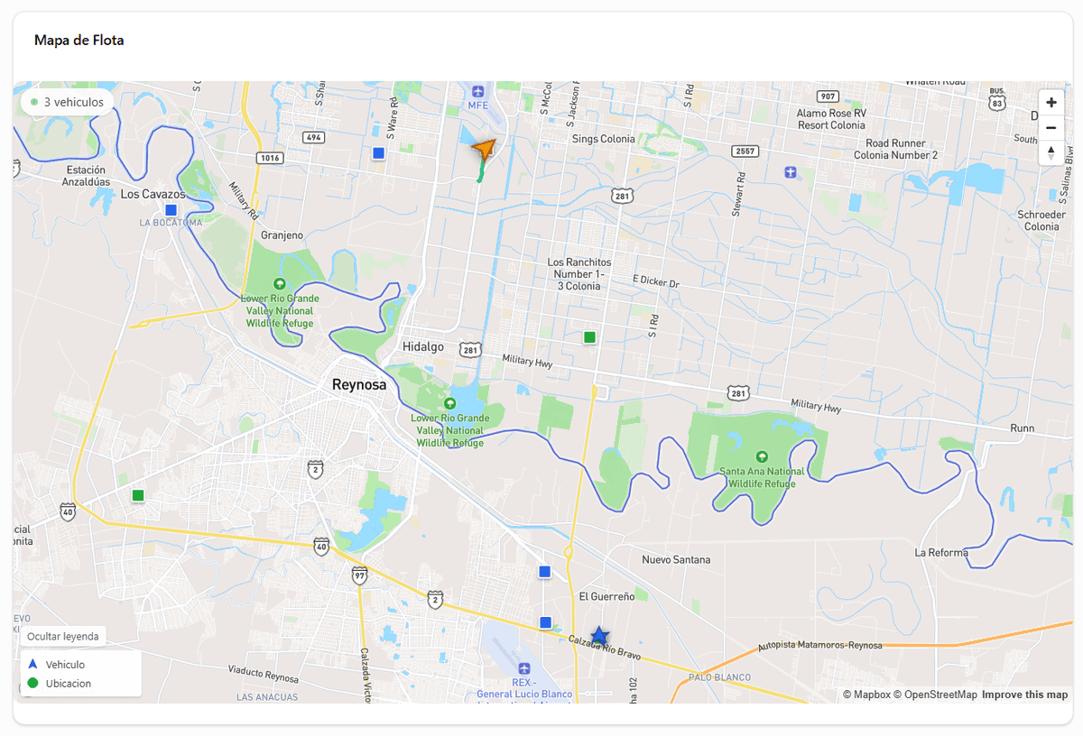 Mapa GPS en vivo mostrando todas las unidades de la flota con sus posiciones en tiempo real